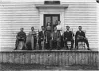 Band portrait at East Dover Church, Dover, Vt.