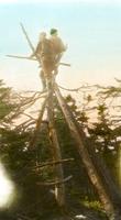 Two men at the top of a log tower